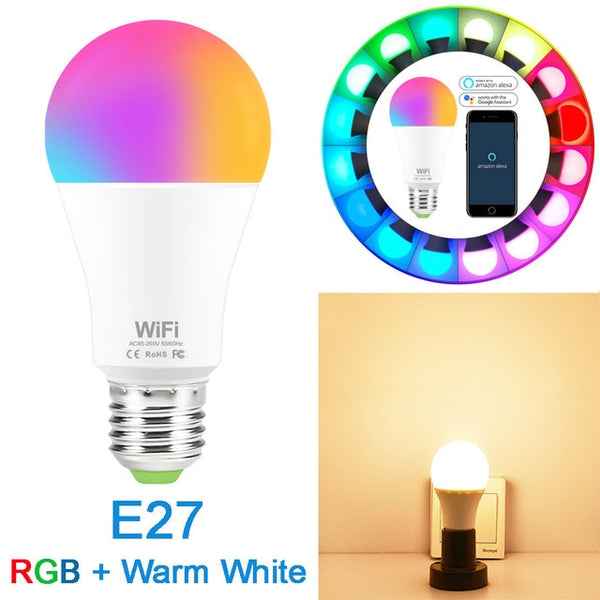 Intelligent Wifi E27 B22 Bulb RGB Warm Cool White Work with google home 15W AC85-265V Wifi Bulb LED Light Smart Life SMD 2835