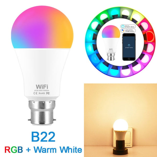 Intelligent Wifi E27 B22 Bulb RGB Warm Cool White Work with google home 15W AC85-265V Wifi Bulb LED Light Smart Life SMD 2835